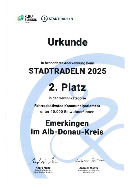Urkunde für den 2. Platz in besonderer Anerkennung beim Stadtradeln 2025