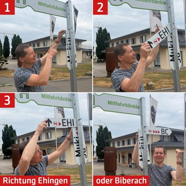 4 Erklärungsbilder zum Ablauf am Mitfahrbänkle