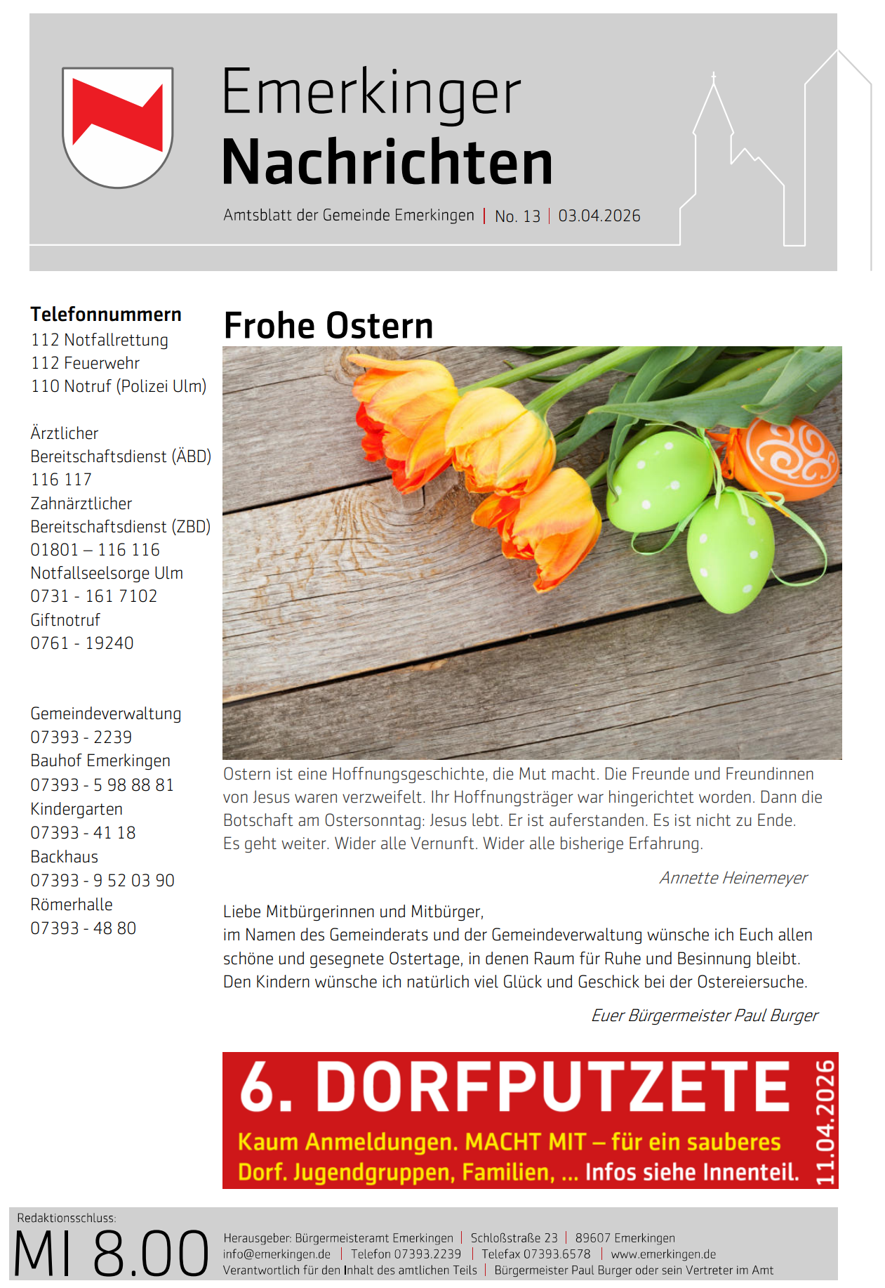 Titelseite des aktuellen Amtsblatt der Gemeinde Emerkingen