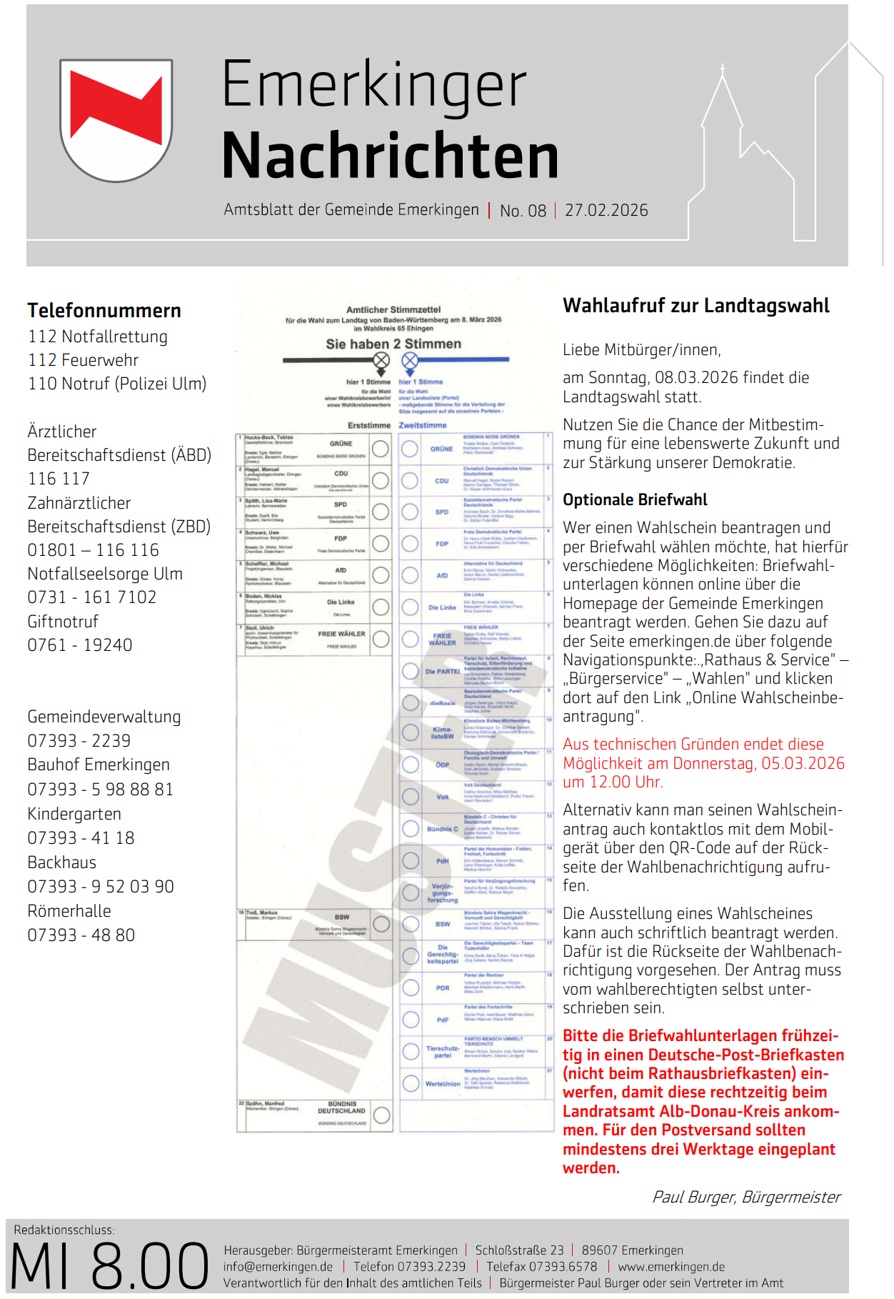 Titelseite des aktuellen Amtsblatt der Gemeinde Emerkingen