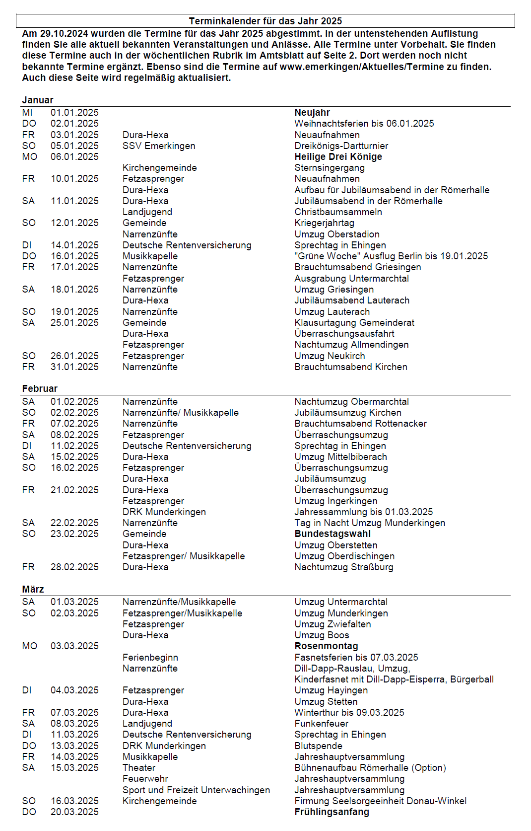 Erste Seite des Terminkalenders der Gemeinde Emerkingen für das Jahr 2025