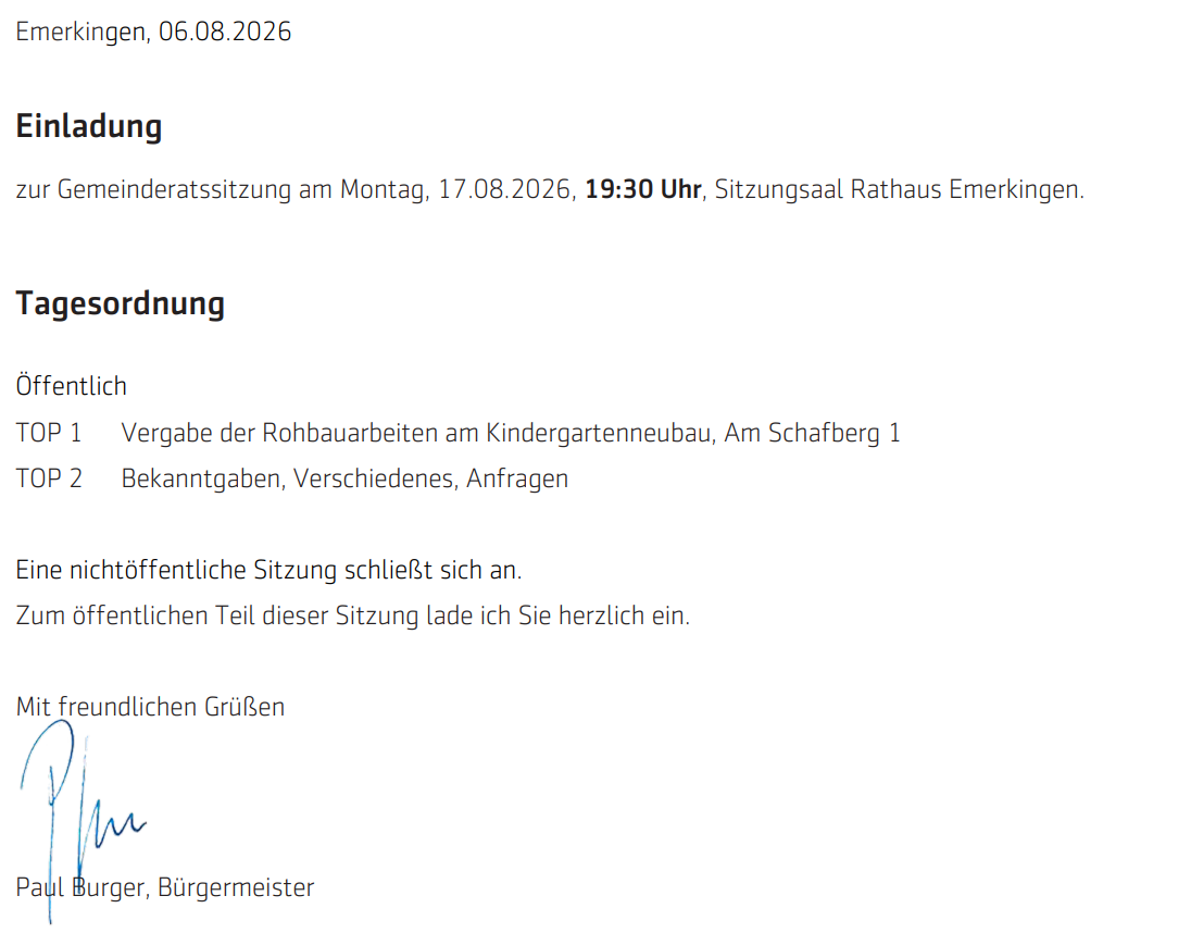 Einladung zur anstehenden Gemeinderatssitzung