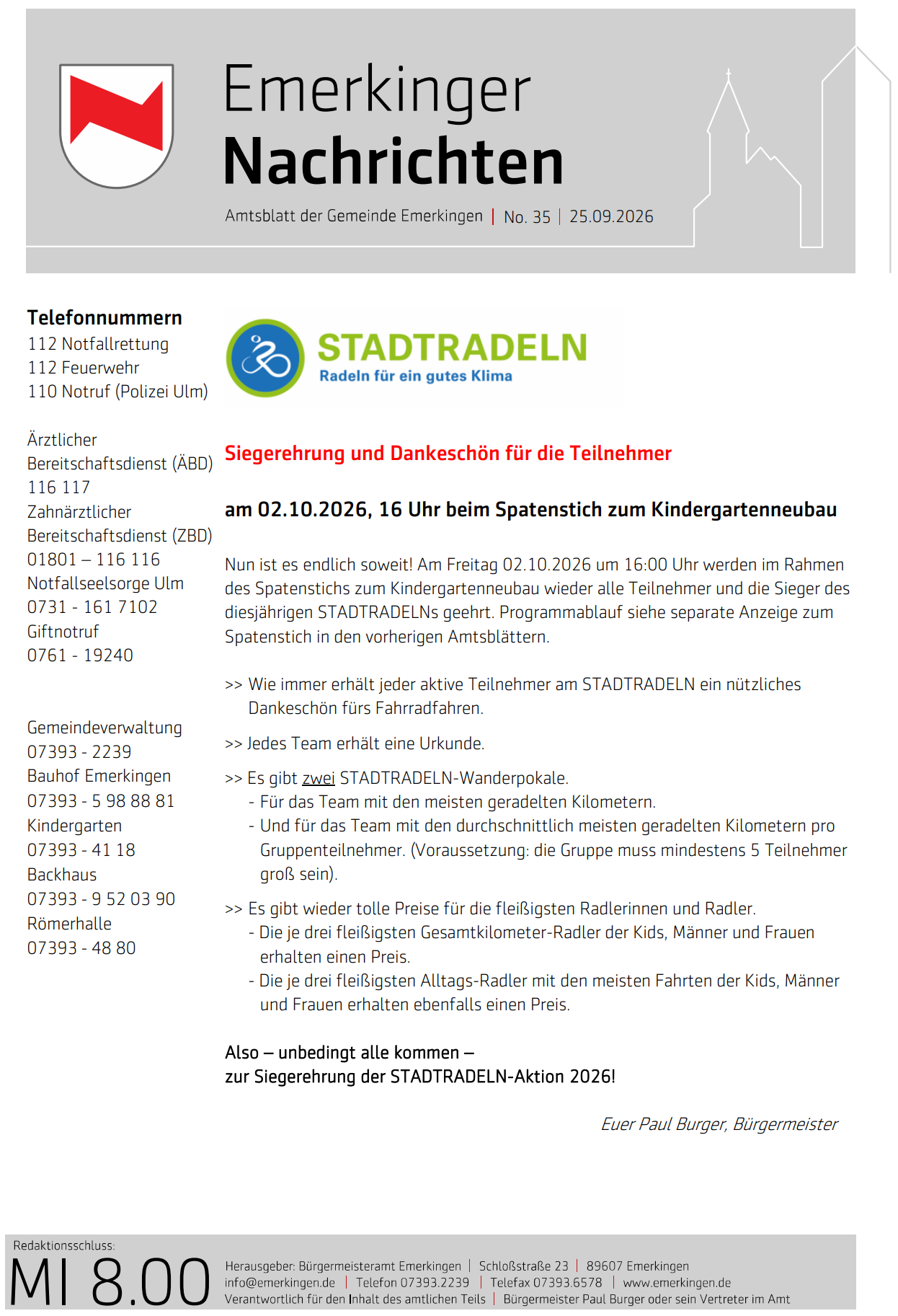 Titelseite des aktuellen Amtsblatt der Gemeinde Emerkingen