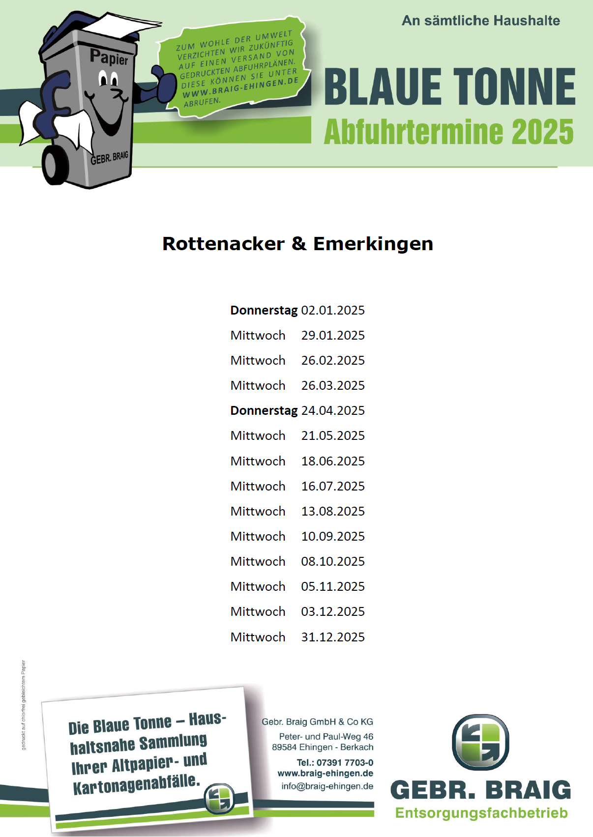 Abfuhrtermine Blaue Tonne 2025