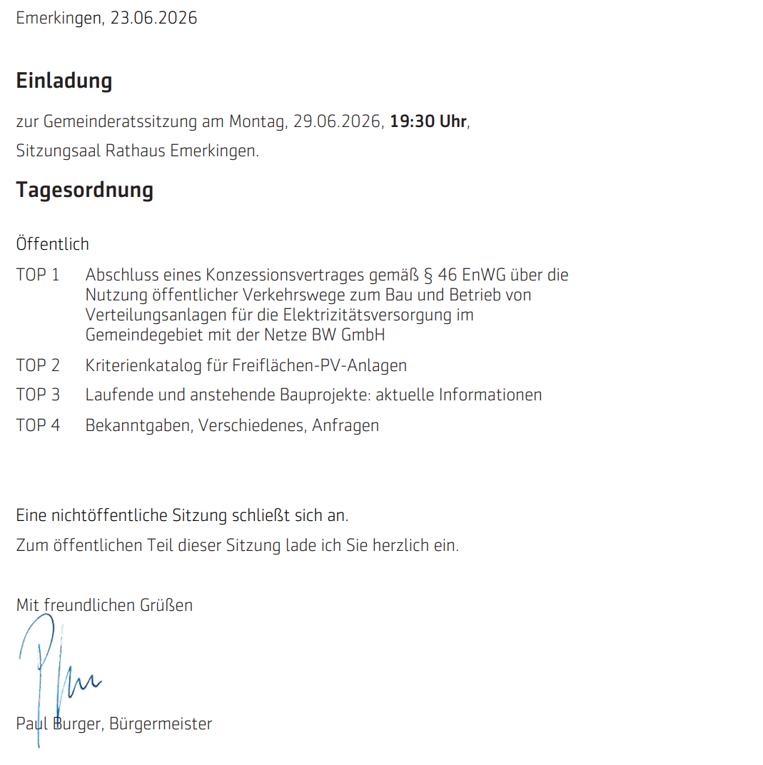 Einladung zur anstehenden Gemeinderatssitzung