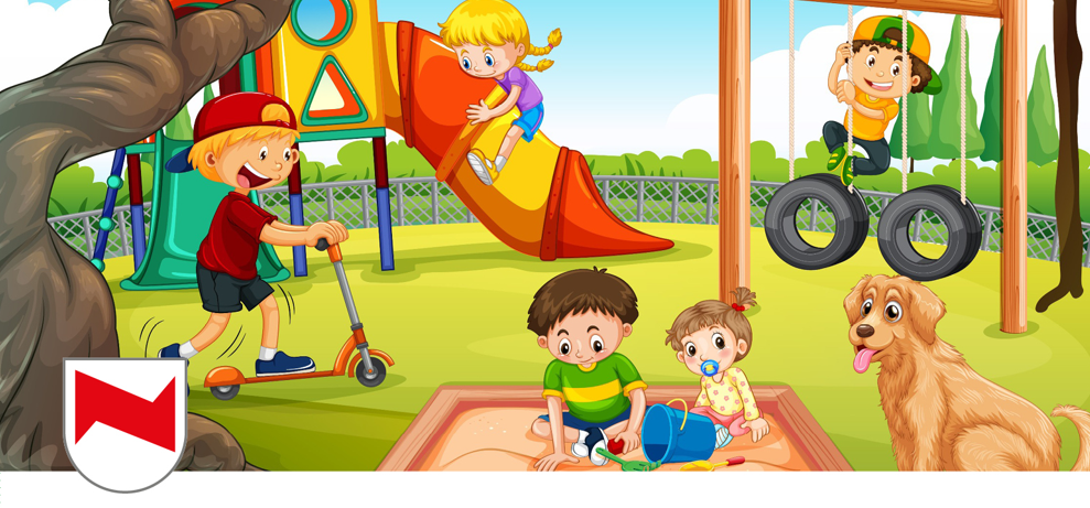 Illustration eines Spielplatzes mit spielenden Kindern