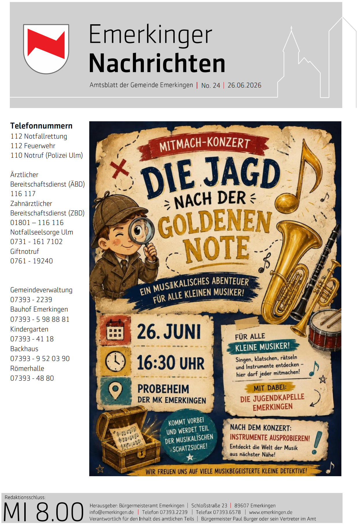 Titelseite des aktuellen Amtsblatt der Gemeinde Emerkingen
