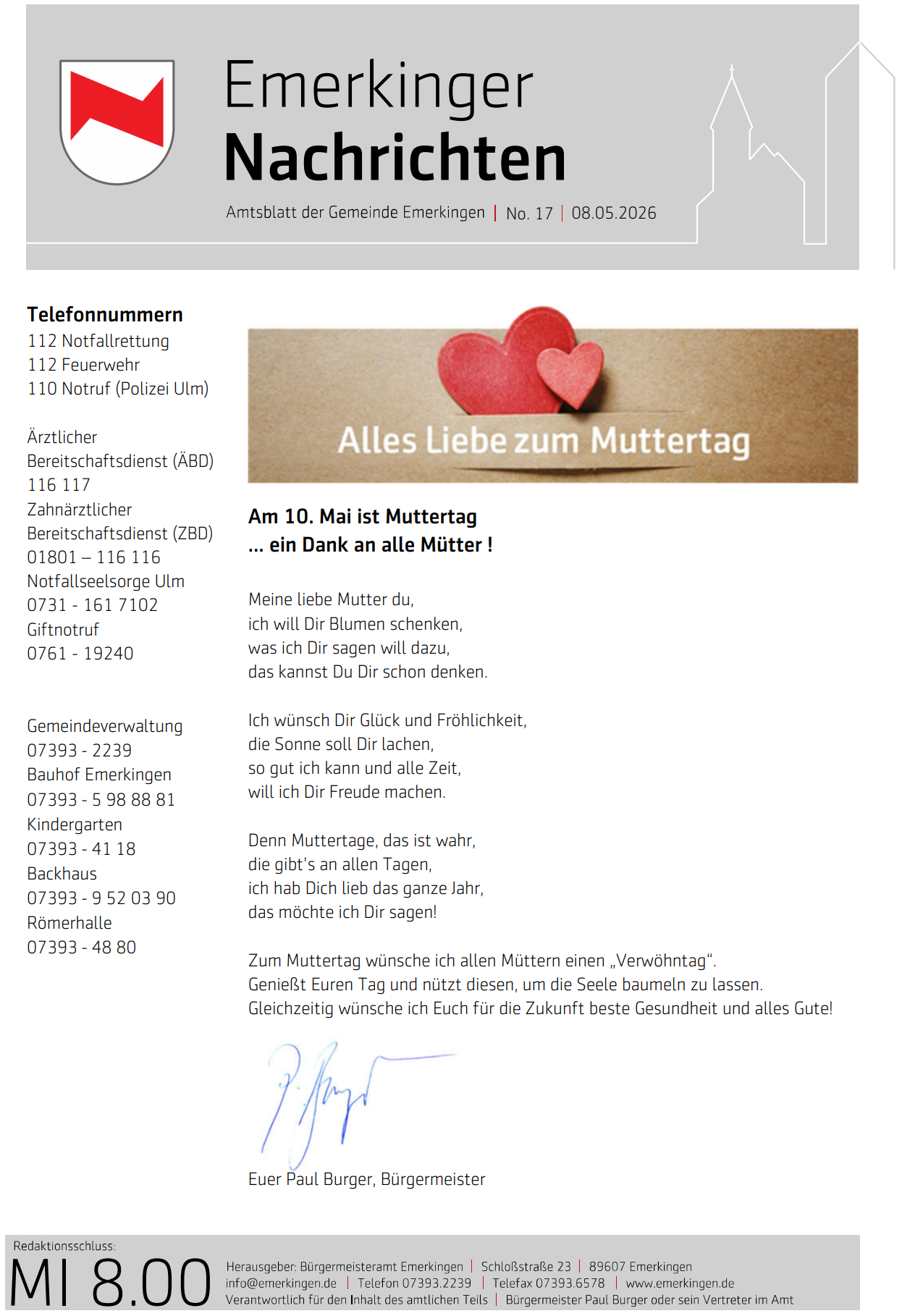 Titelseite des aktuellen Amtsblatt der Gemeinde Emerkingen