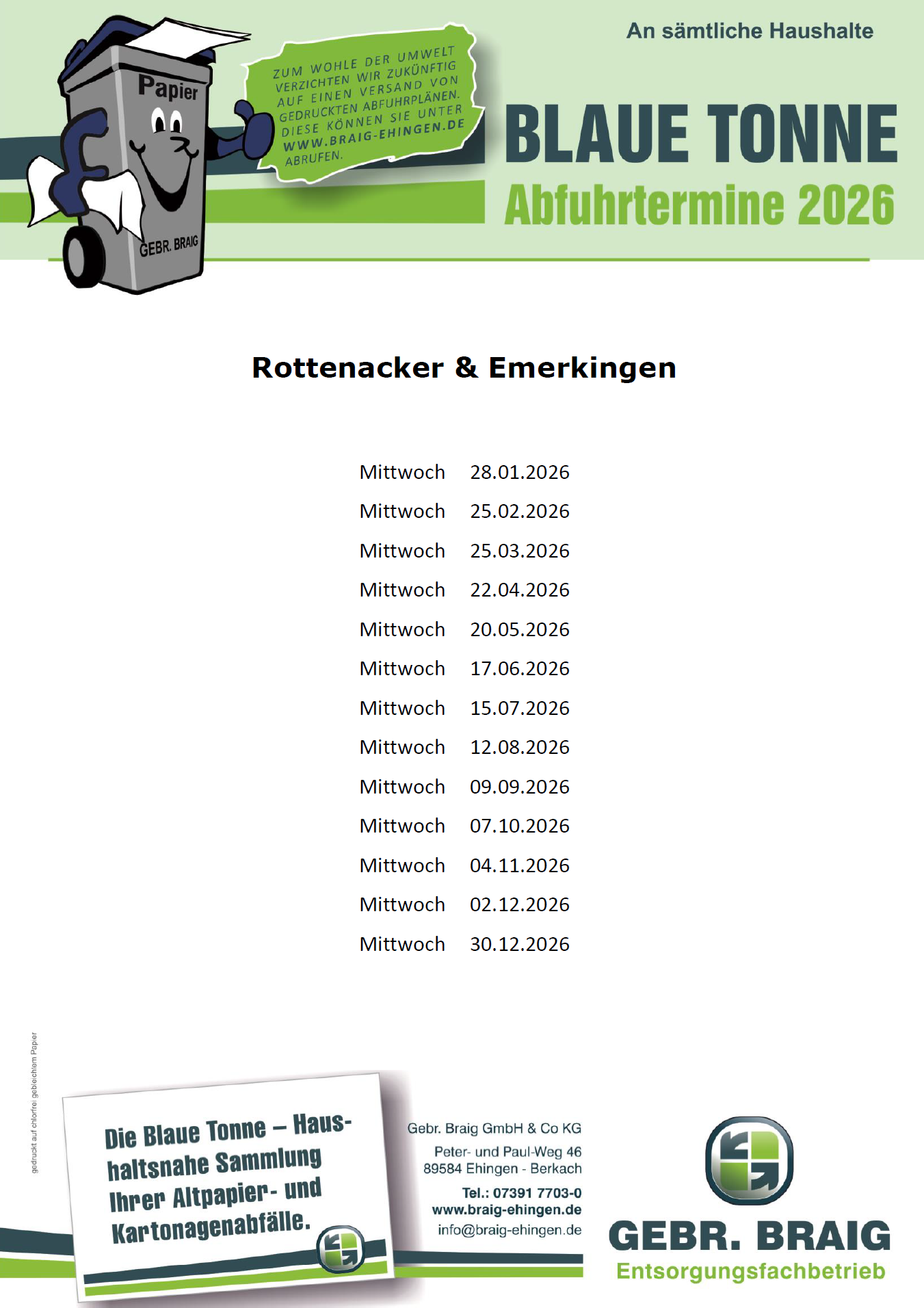 Abfuhrtermine Blaue Tonne 2026