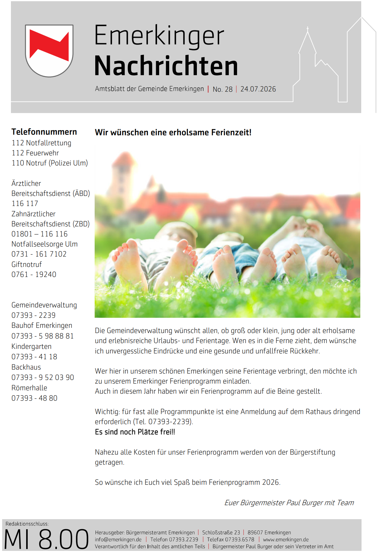 Titelseite des aktuellen Amtsblatt der Gemeinde Emerkingen