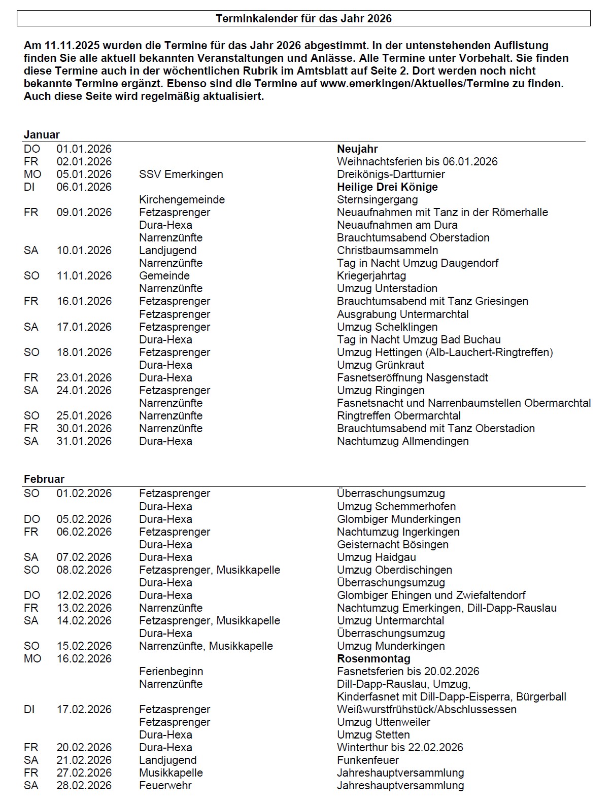 Erste Seite des Terminkalenders der Gemeinde Emerkingen für das Jahr 2026