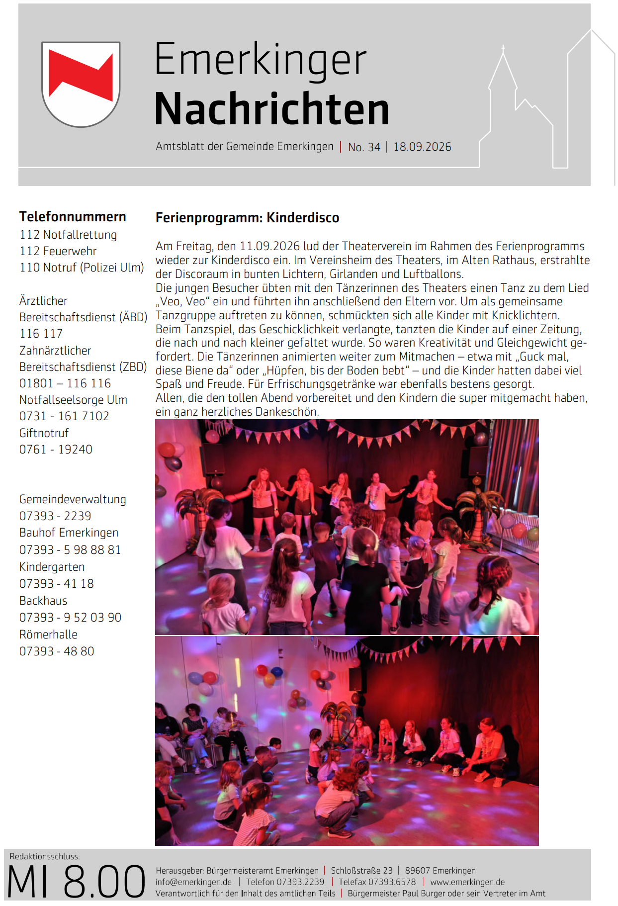 Titelseite des aktuellen Amtsblatt der Gemeinde Emerkingen