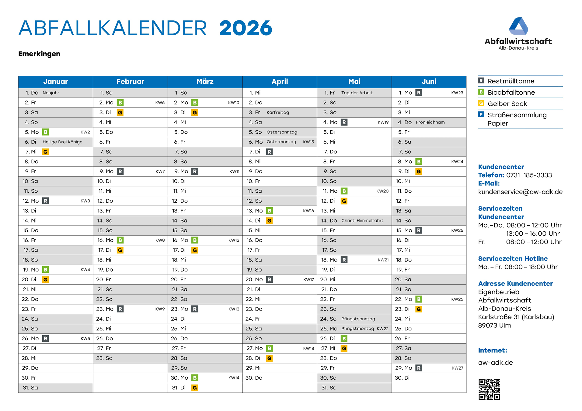 Bild des Abfallkalenders, erstes Halbjahr 2026