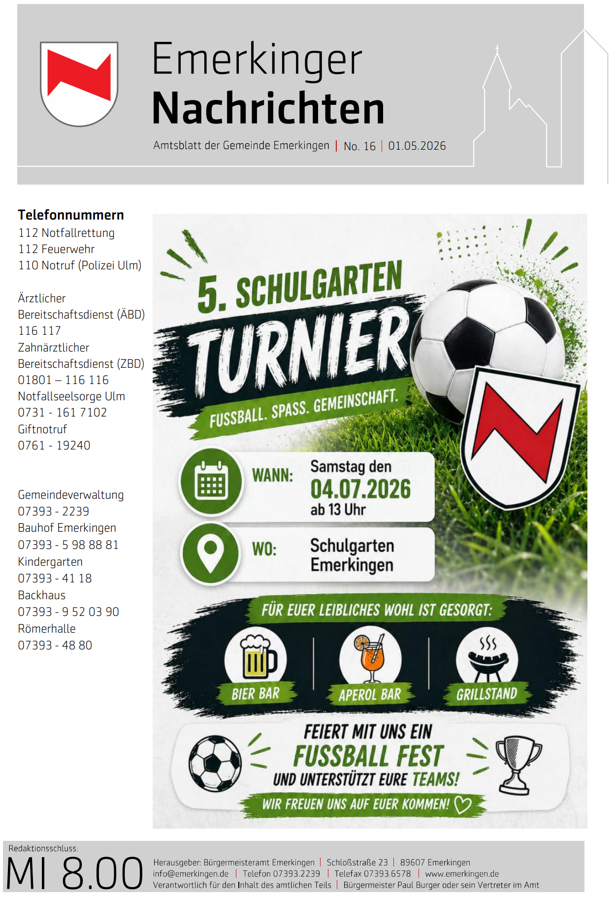 Titelseite des aktuellen Amtsblatt der Gemeinde Emerkingen